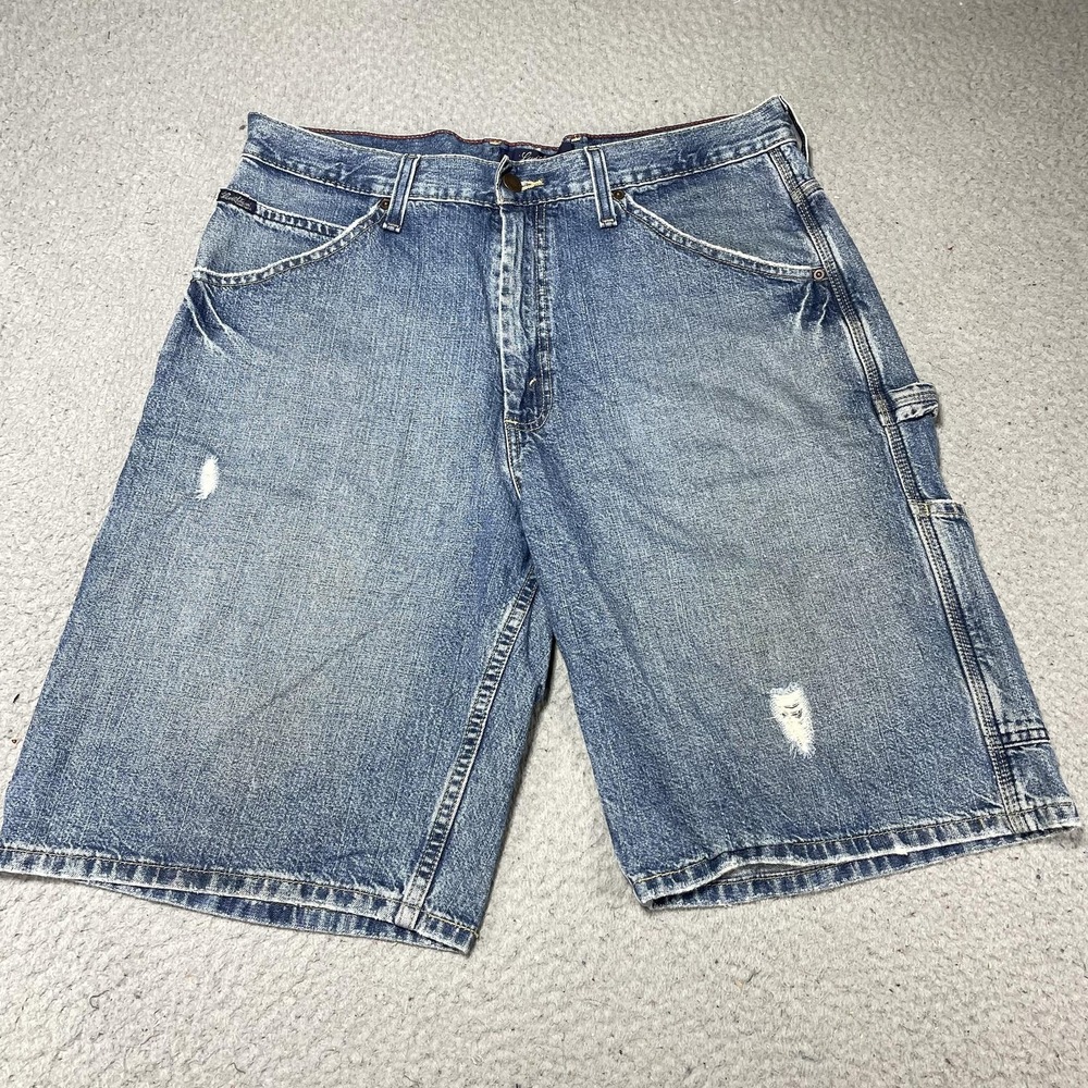 Signature Levi Strauss Shorts Mens 33 Blue Denim Cargo 12" Inseam Distressed Y2K